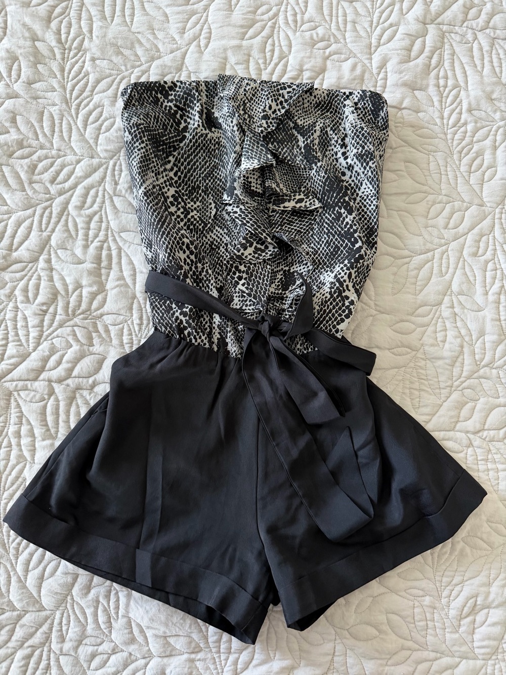 Express Strapless Black & White Snake-Print Romper Shorts with Waist Tie